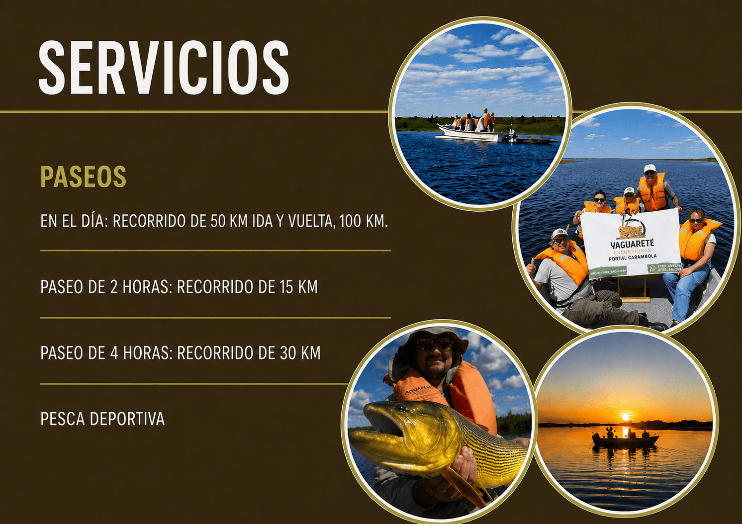 excursiones. Paseos. Desayuno. Pesca deportiva. Portal Carambola. Esteros del Iberá